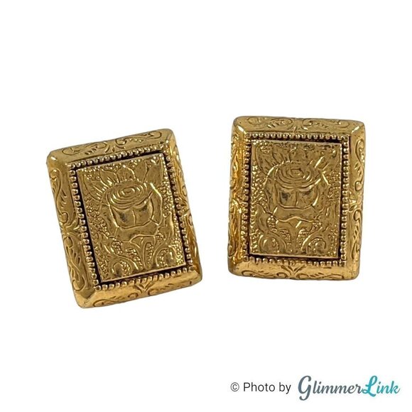 1928 Company Rectangular Embossed Rose Gold Tone Clip On Earrings - Picture 4 of 8